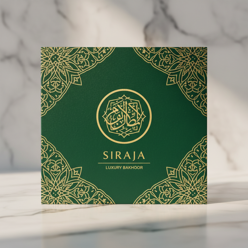 Elegant gift box with premium bakhoor products, golden ribbon, warm cream packaging