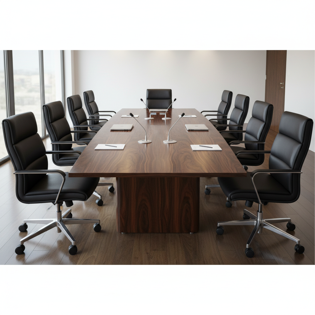 Large walnut conference table in modern office boardroom, executive chairs around it