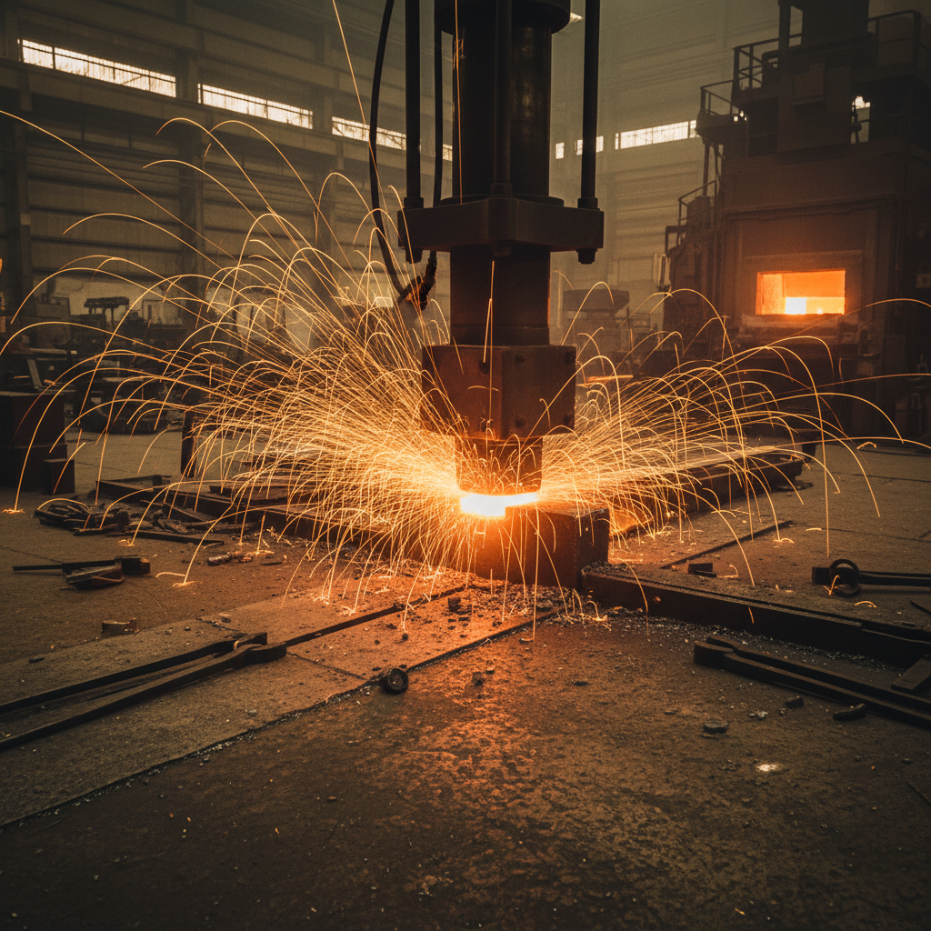 Forge floor with orange sparks flying from a hydraulic forging hammer mid-strike on a hot steel billet