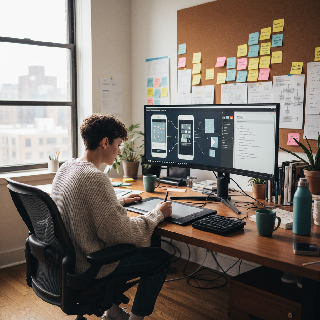 Designer working on wireframes with colorful sticky notes in a bright studio