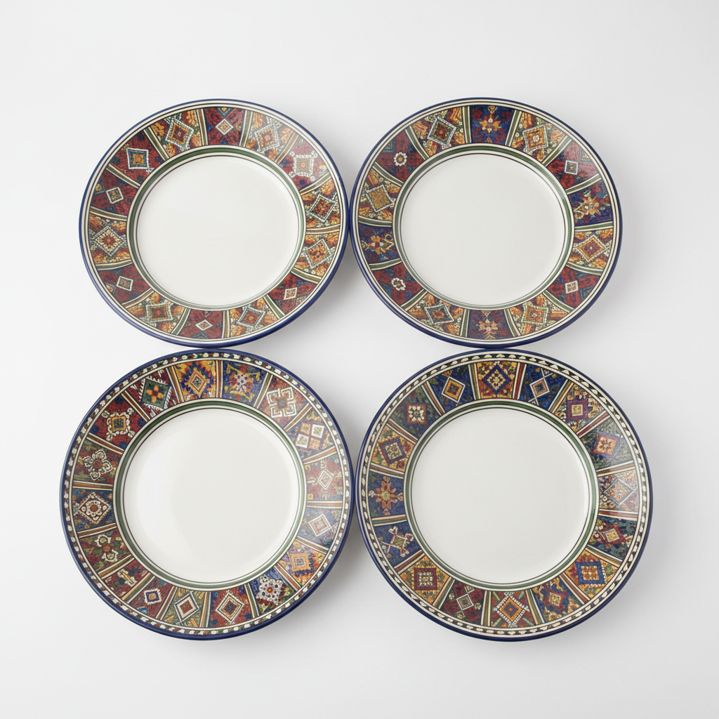 Set of four decorative ceramic side plates with geometric African patterns