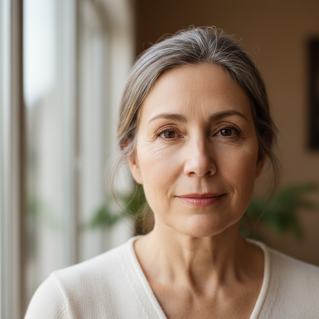 Woman in her 50s looking directly at camera, calm and composed expression