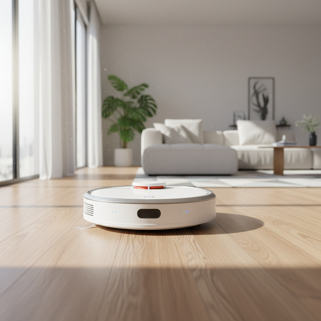 Aspirador robô circular preto sobre piso de madeira clara em sala moderna