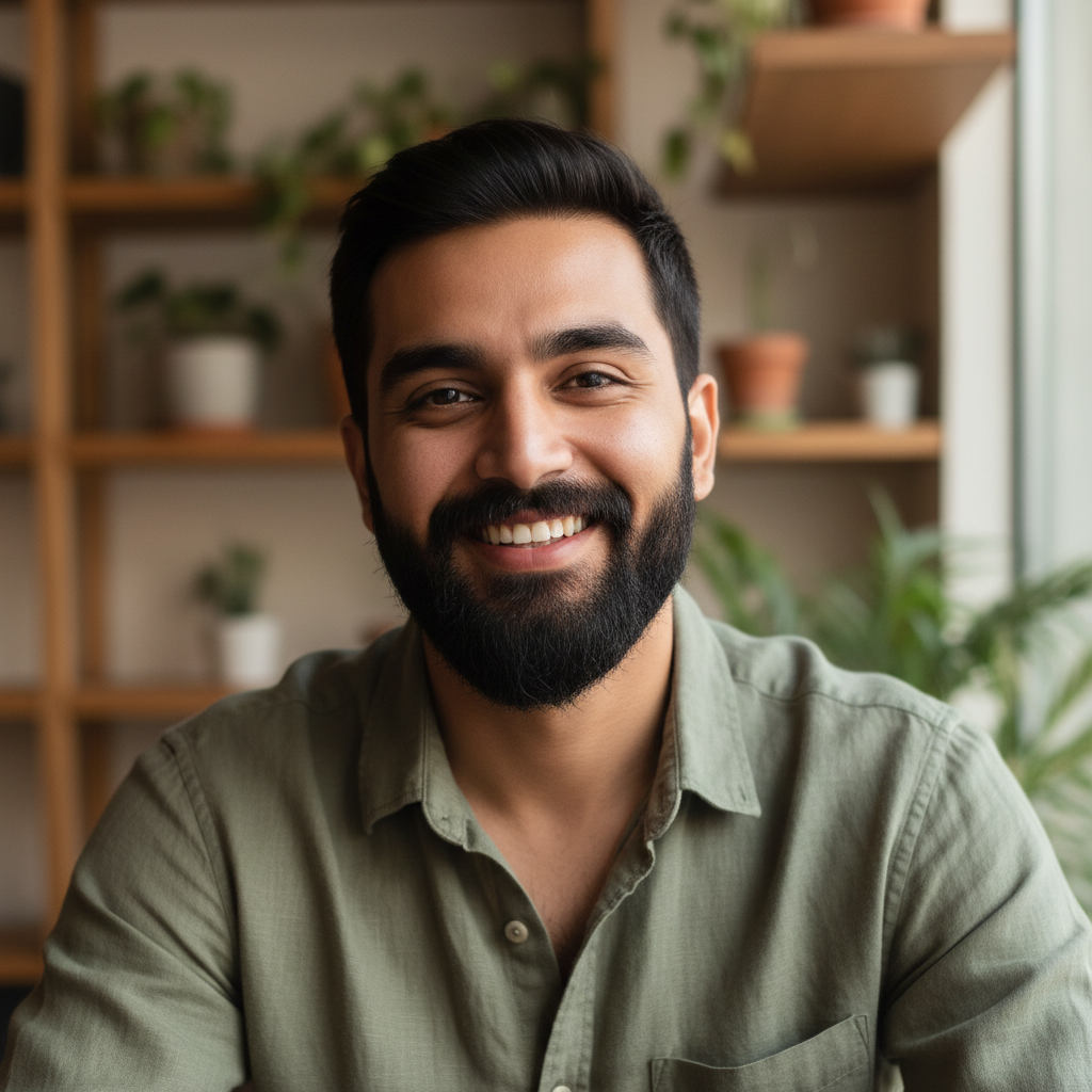 Young Indian man with beard in casual shirt smiling warmly outdoors