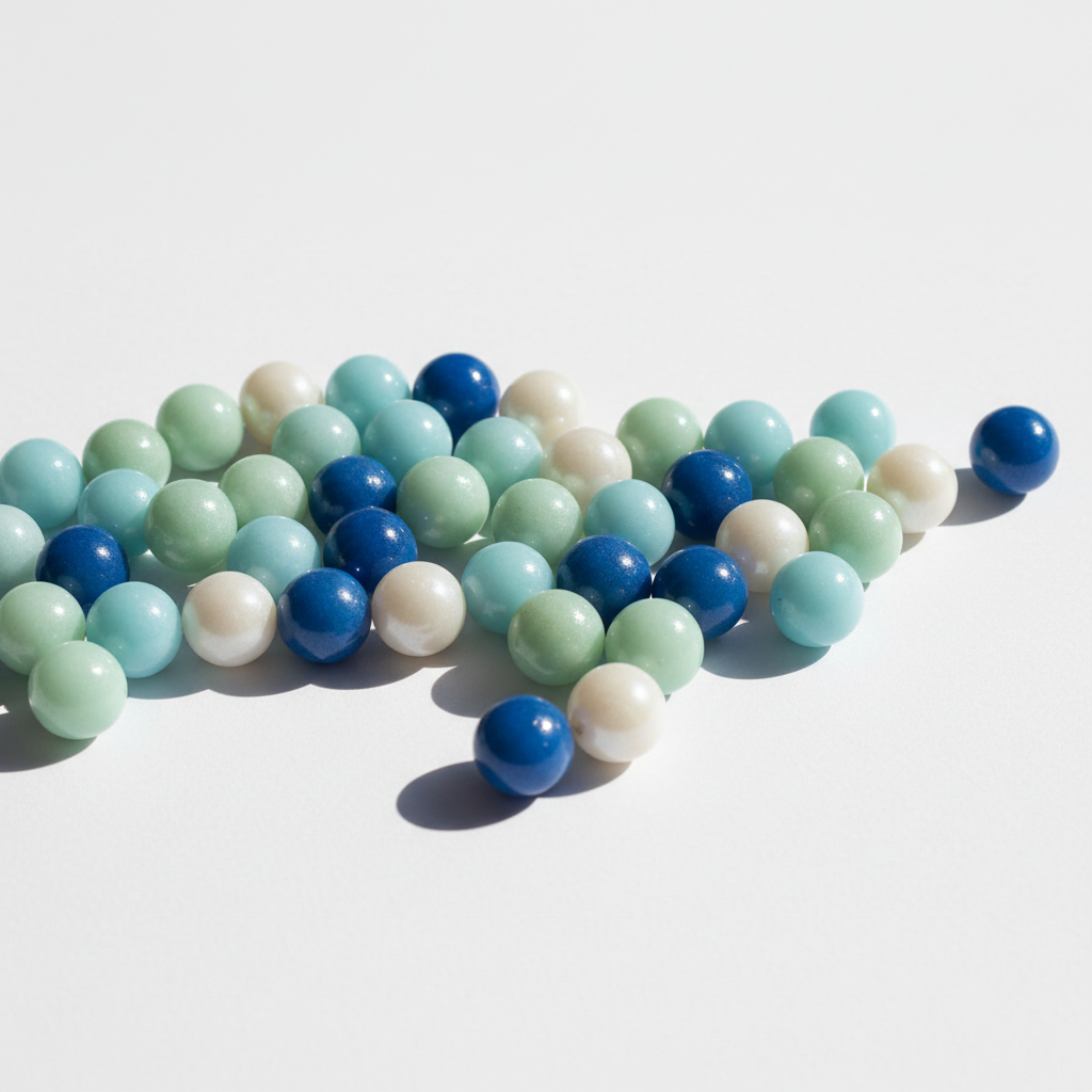 Coastal palette beads in aqua, seafoam, and pearl white tones arranged on white surface