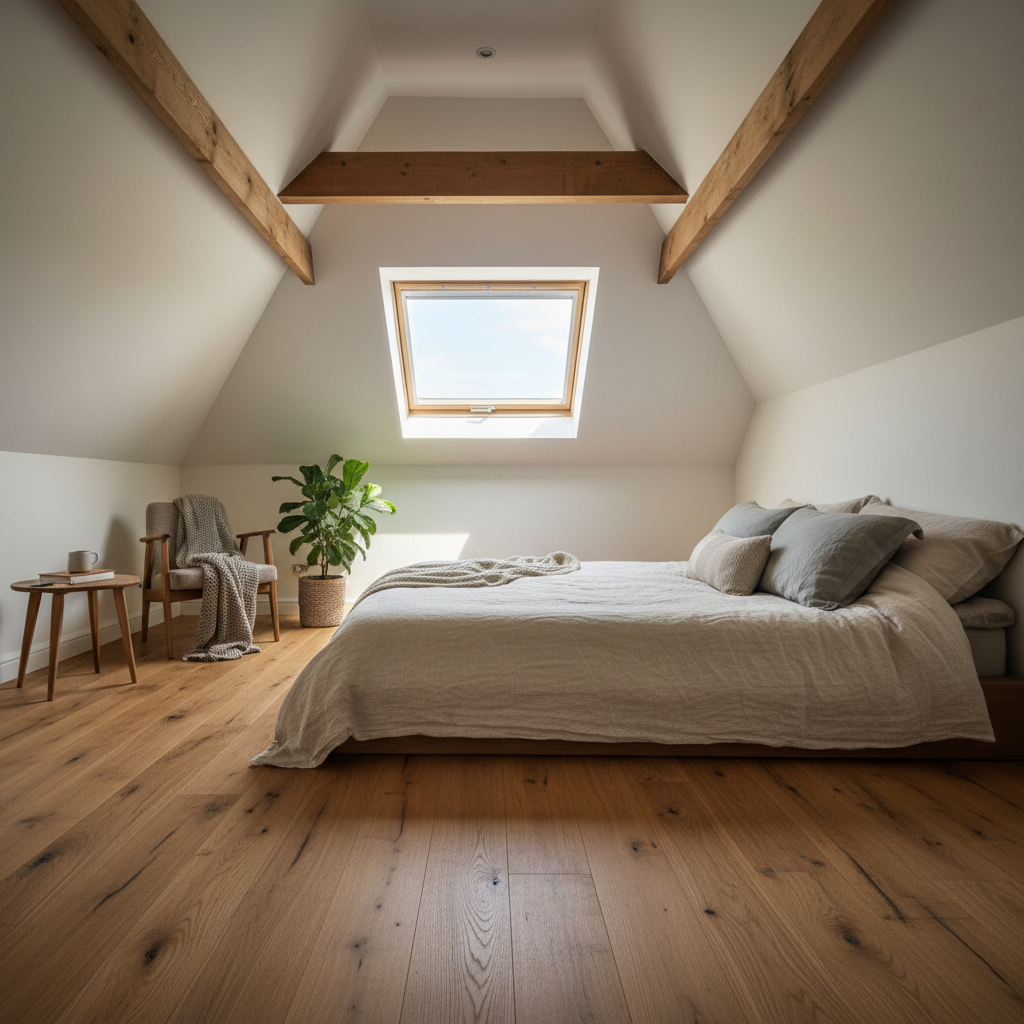 Finished loft conversion bedroom with warm oak flooring, Velux window open to countryside, linen bedding in afternoon light