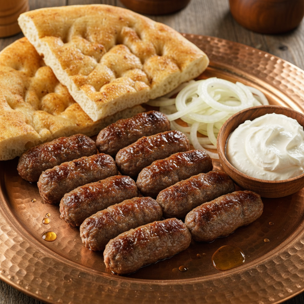 Juicy grilled Bosnian ćevapi served on traditional somun flatbread with fresh onion and red ajvar sauce