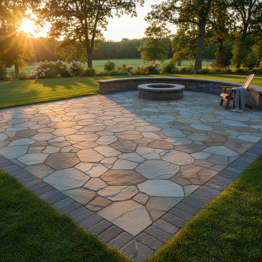 Completed Pennsylvania bluestone patio with Belgard paver border at golden hour