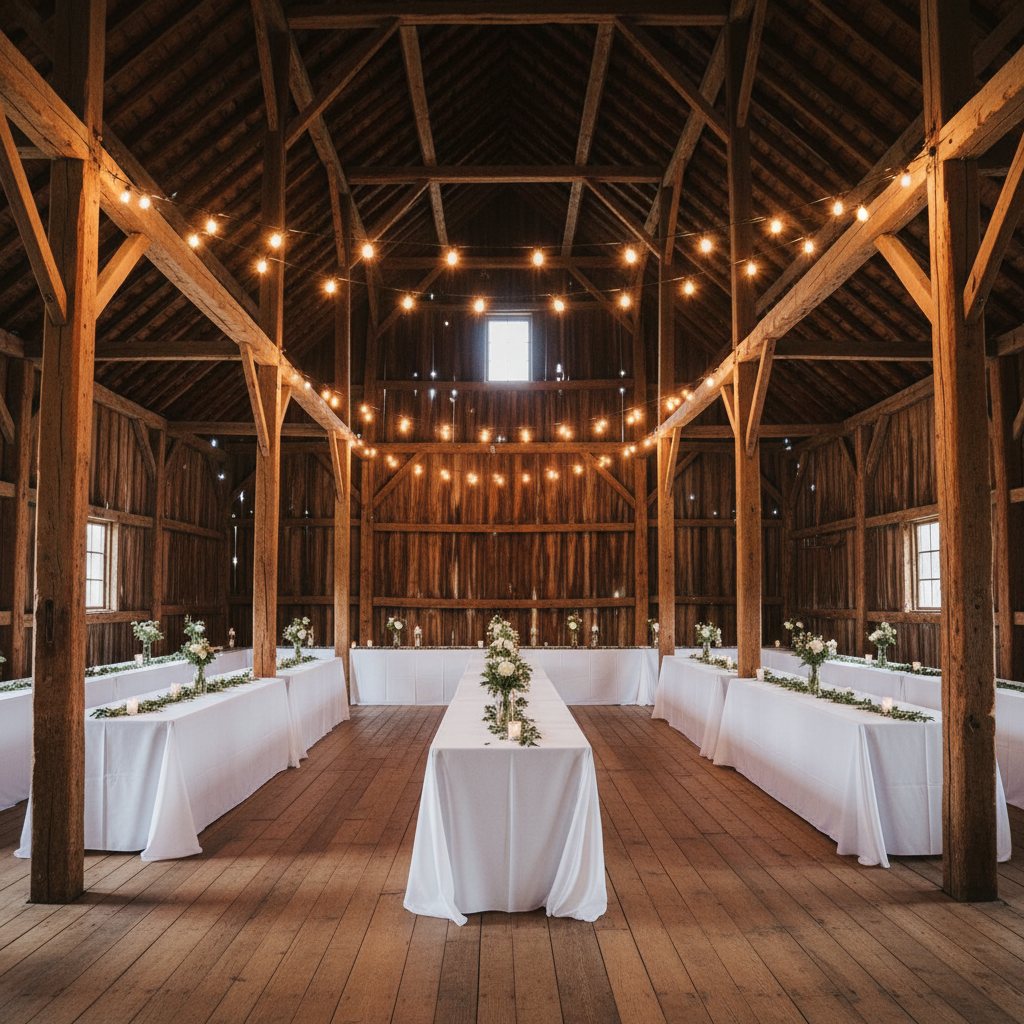 Timber frame barn interior with Edison bulb string lights and long reception tables with white linens