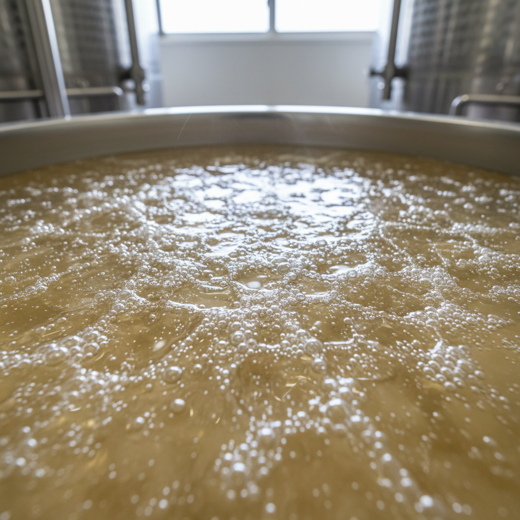 Tiny bubbles frozen in an active sake fermentation tank, pale golden liquid