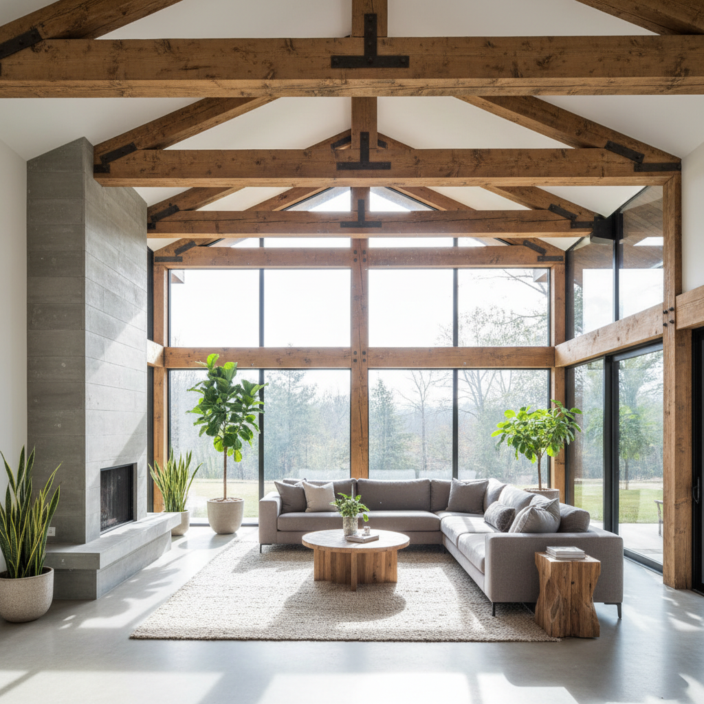 Double-height living room with timber ceiling, large windows, and warm lighting
