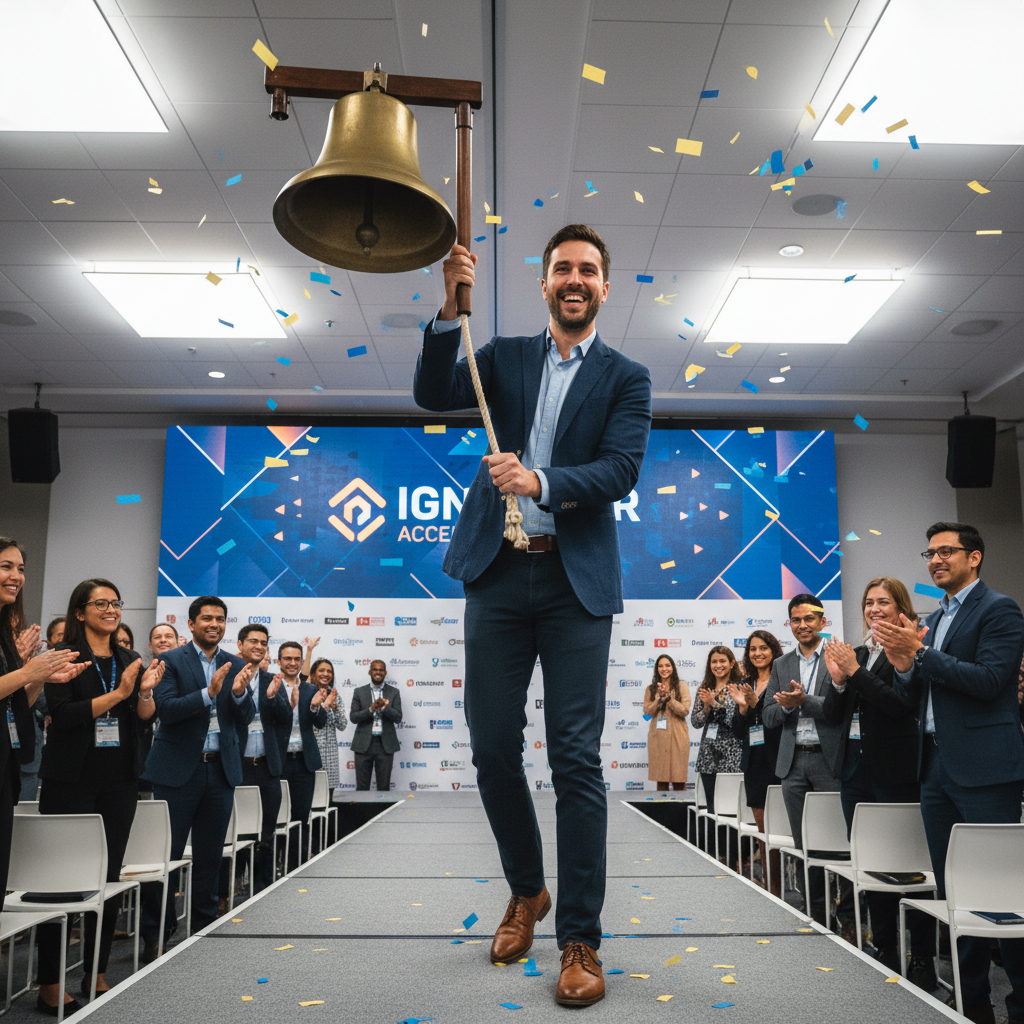 Founder ringing a bell at a startup accelerator event