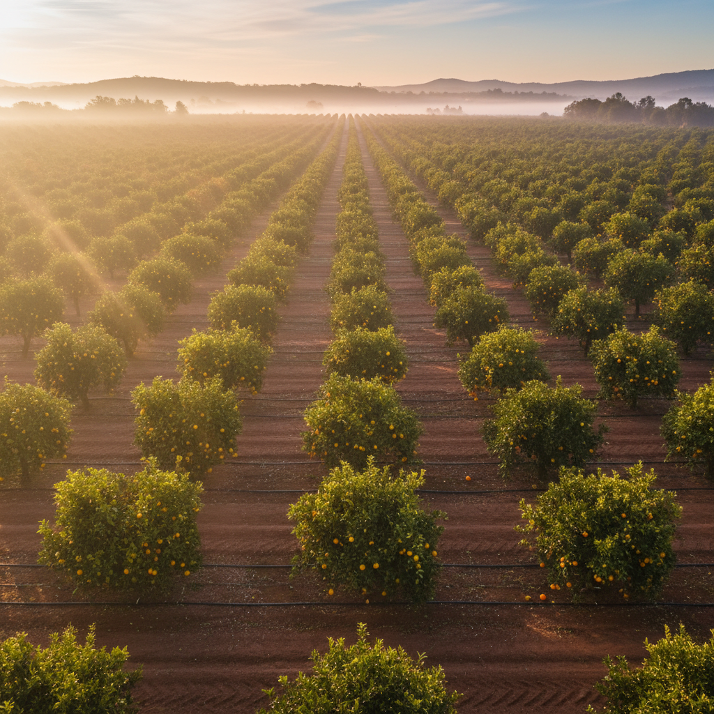 Florida citrus grove at sunrise, organized rows of orange trees with healthy canopies, warm golden morning light, Highlands County agricultural landscape