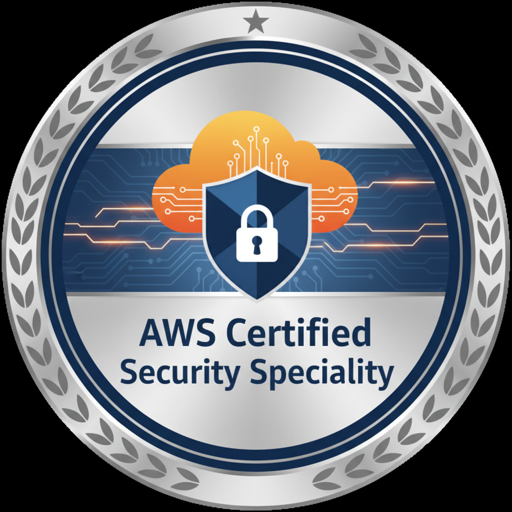 AWS cloud security specialty certificate with orange logo on dark background