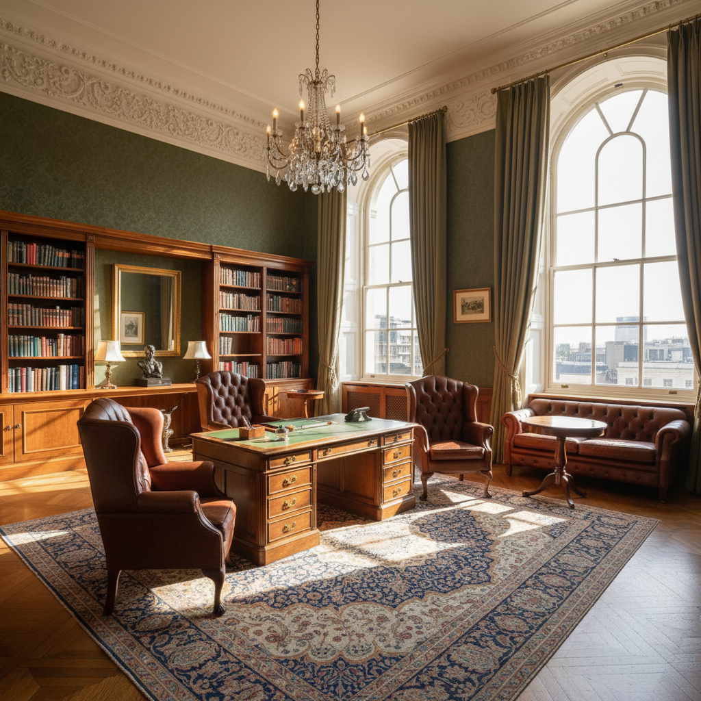 Sophisticated private office suite in London with dark wood paneling, leather chairs, and floor-to-ceiling glass partitions