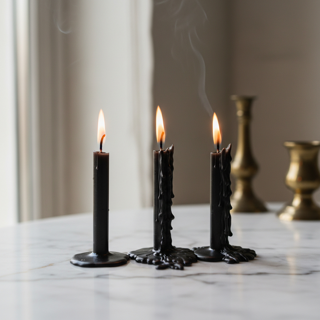Black taper candles burning on a marble surface with melted wax pooling