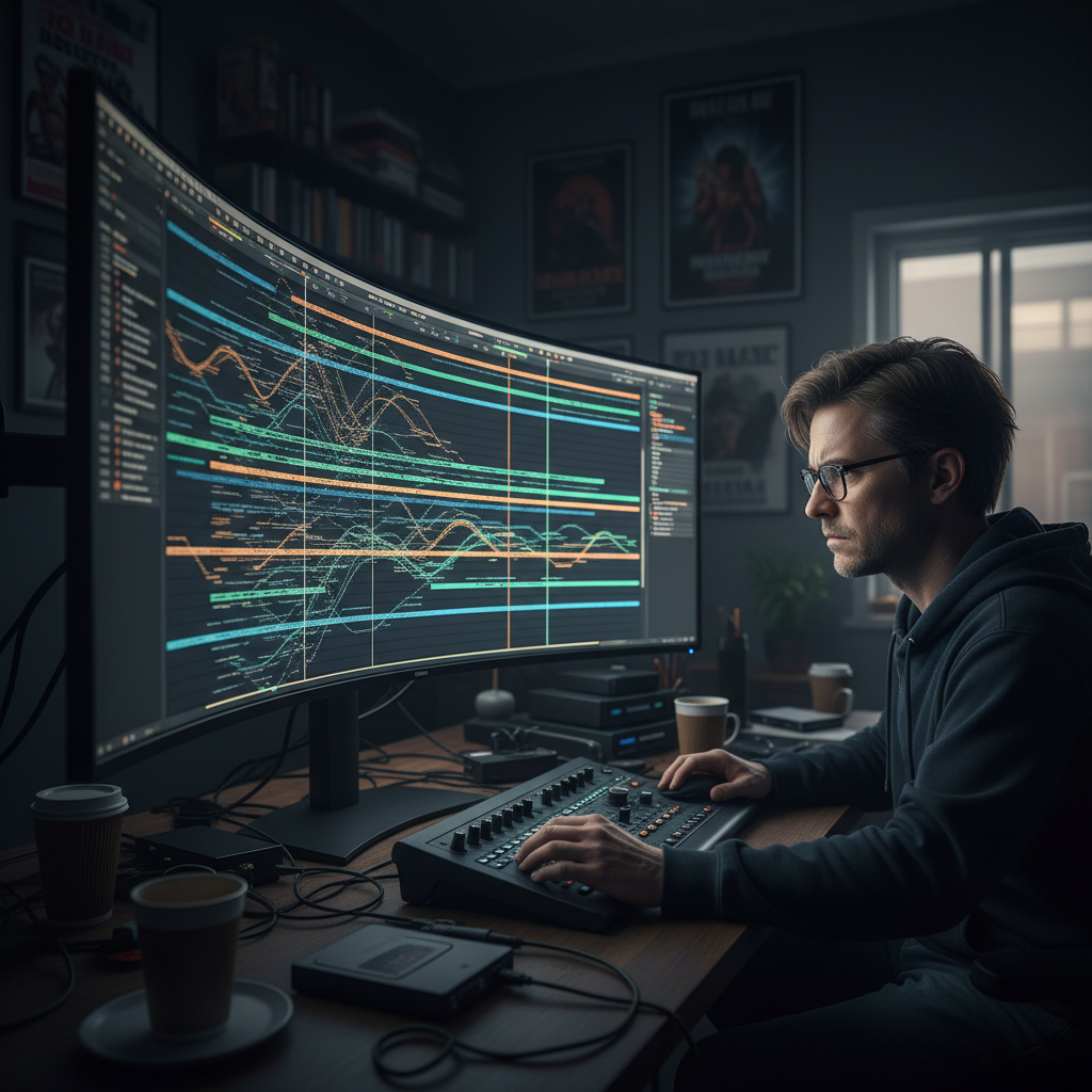 Film editor working at editing suite with timeline and footage on multiple monitors