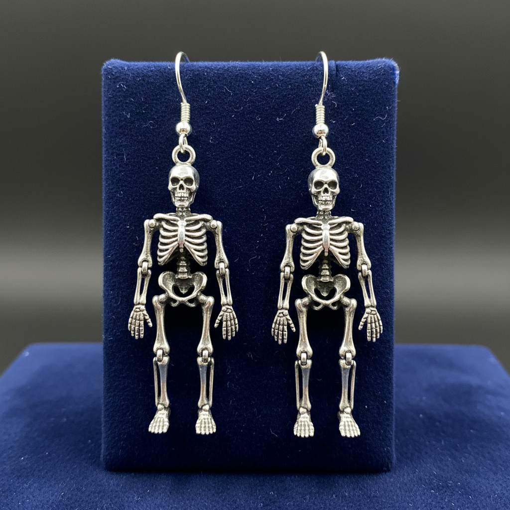 Delicate handcrafted silver leaf drop earrings on white velvet jewelry display