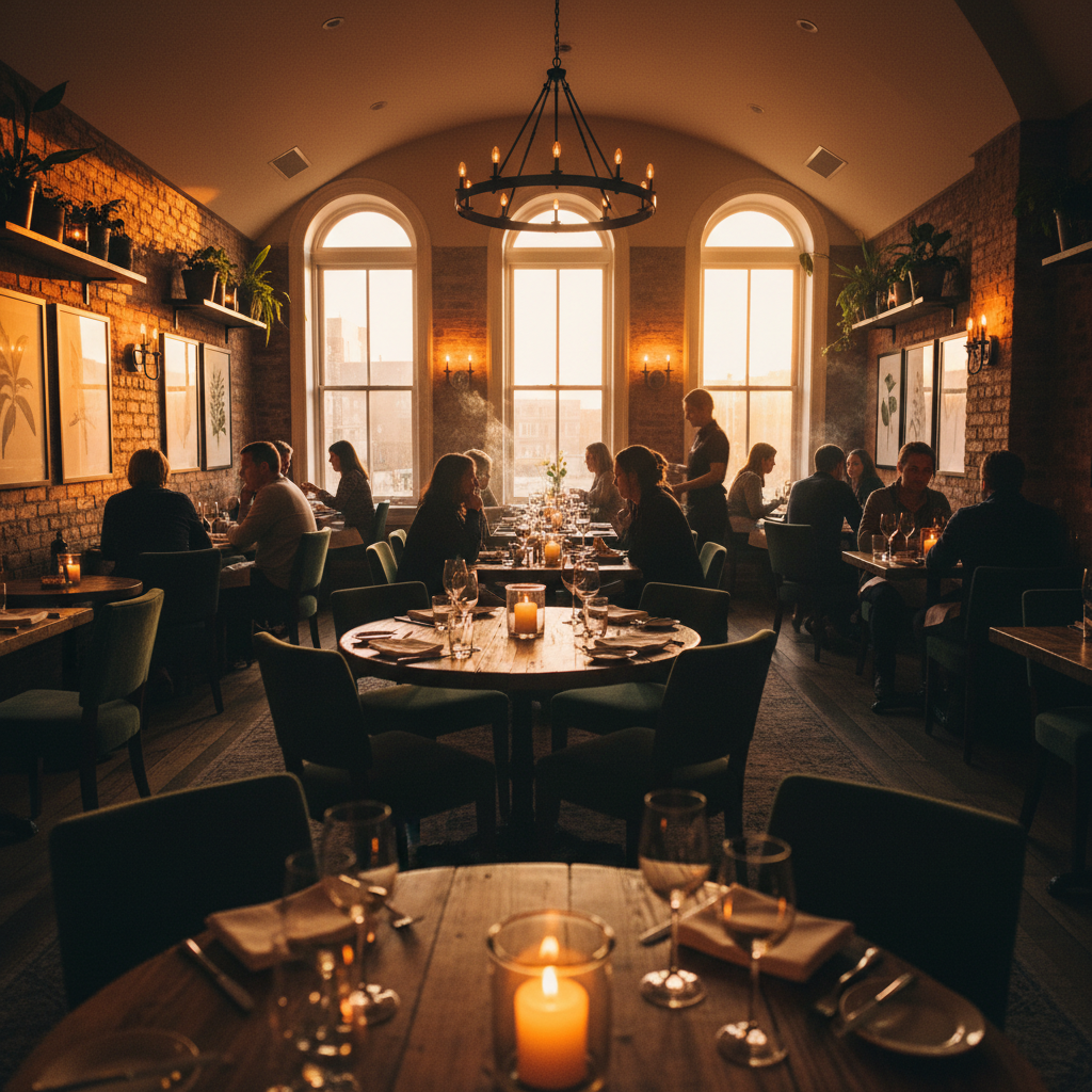 Intimate restaurant dining room at golden hour with candles lit, every table full but somehow quiet and warm