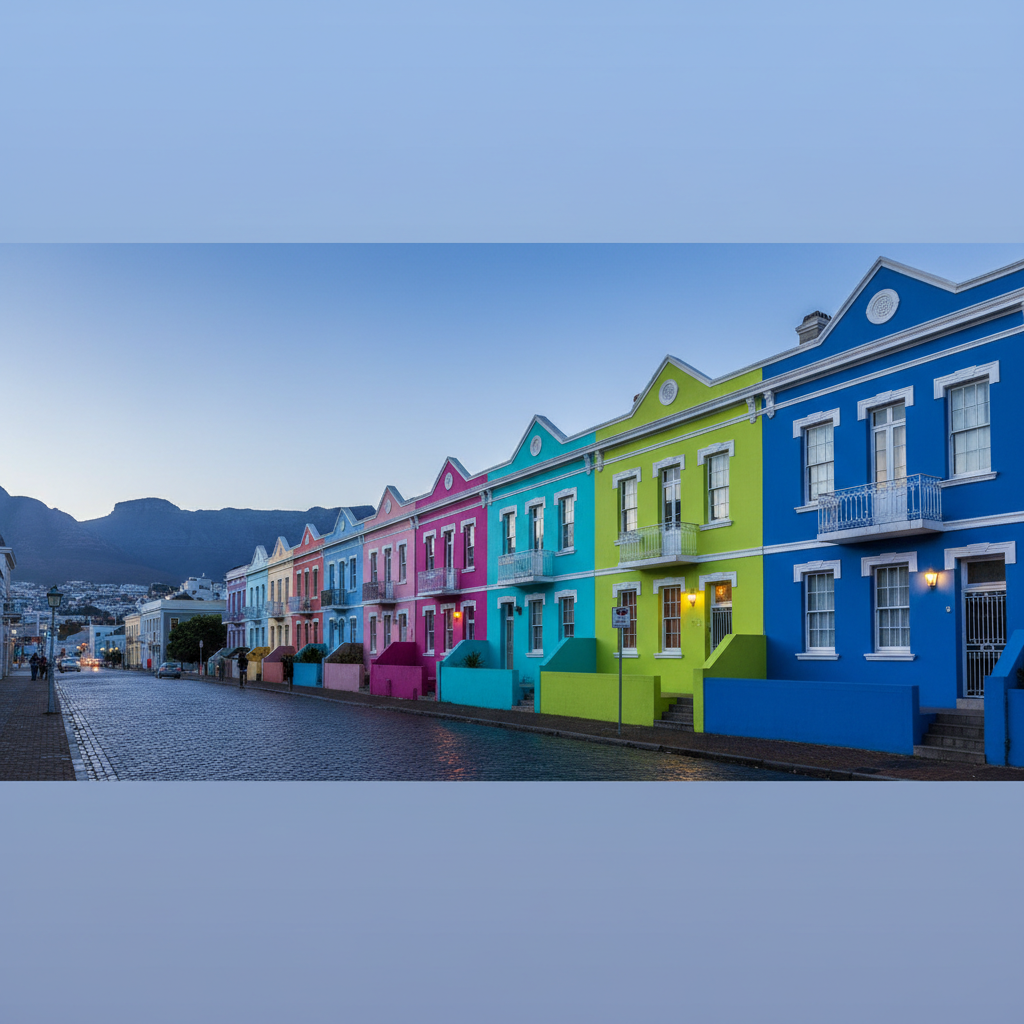 Colorful Bo-Kaap houses on cobblestone street with local Cape Malay residents in traditional dress