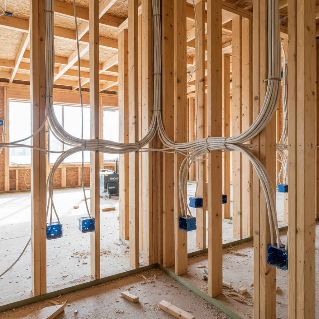 New construction rough-in with Romex cables neatly stapled to wall studs ready for inspection