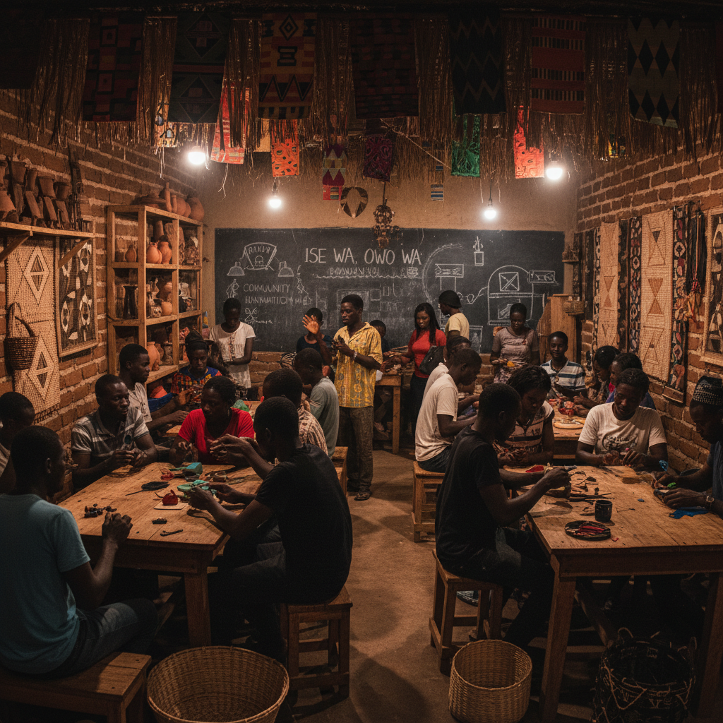 Diverse African community members together in a bright modern Nigerian setting, authentic African people, warm community atmosphere, natural skin tones