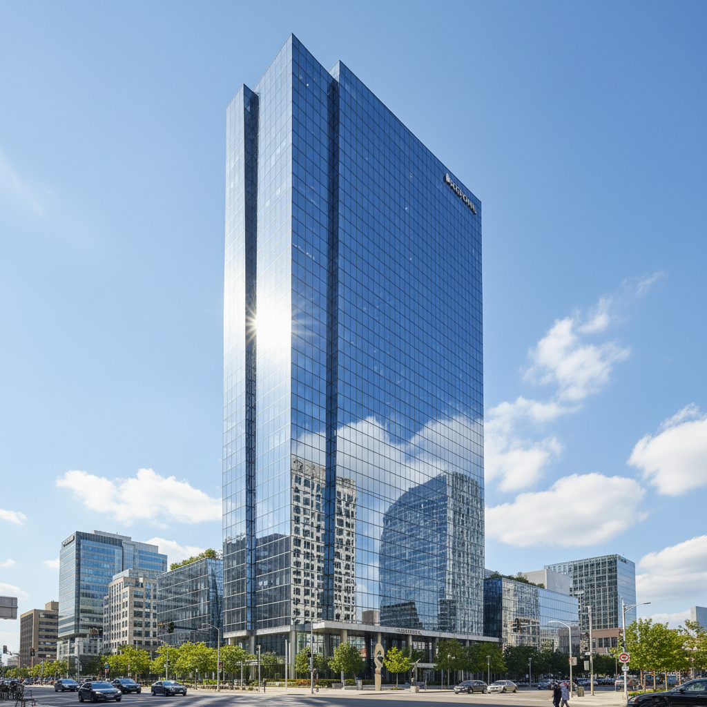 Modern glass office tower reflecting city skyline — corporate architecture, executive business environment, financial district