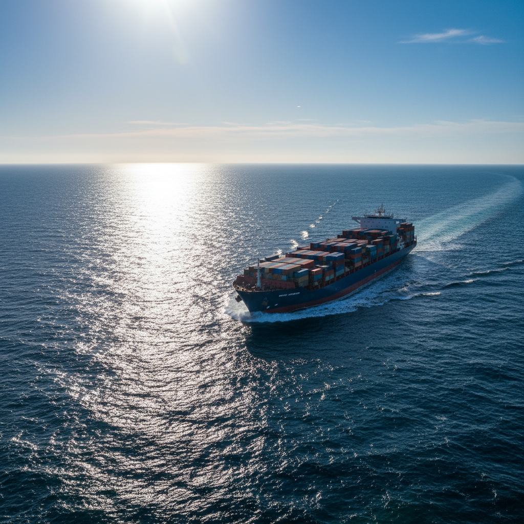 Large cargo container ship sailing through open ocean waters