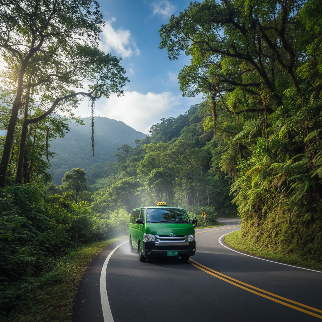 Licensed taxi van on a scenic mountain road in Dominica with rainforest views