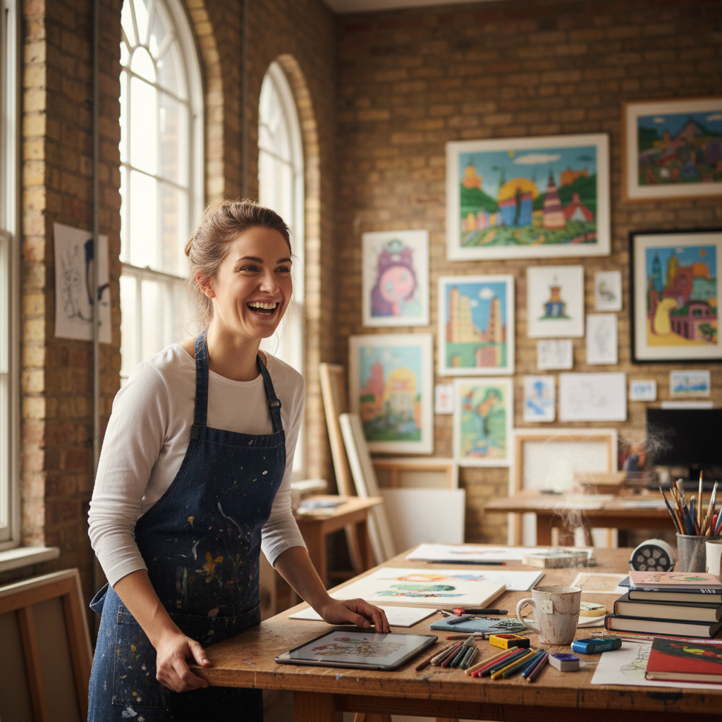 Priya Mehta, illustrator, smiling in her London studio surrounded by colourful artworks