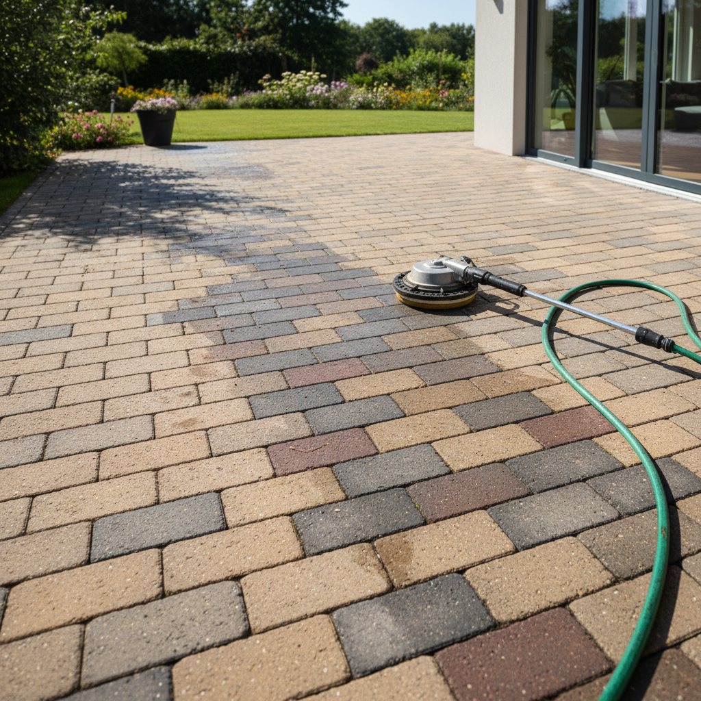 Clean Tucson Arizona patio with pavers and outdoor seating after professional pressure washing service