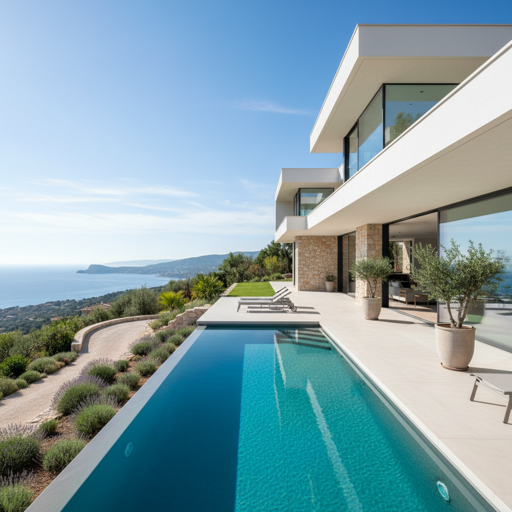 Luxury villa with infinity pool, bright Mediterranean daylight, white walls, blue sea view