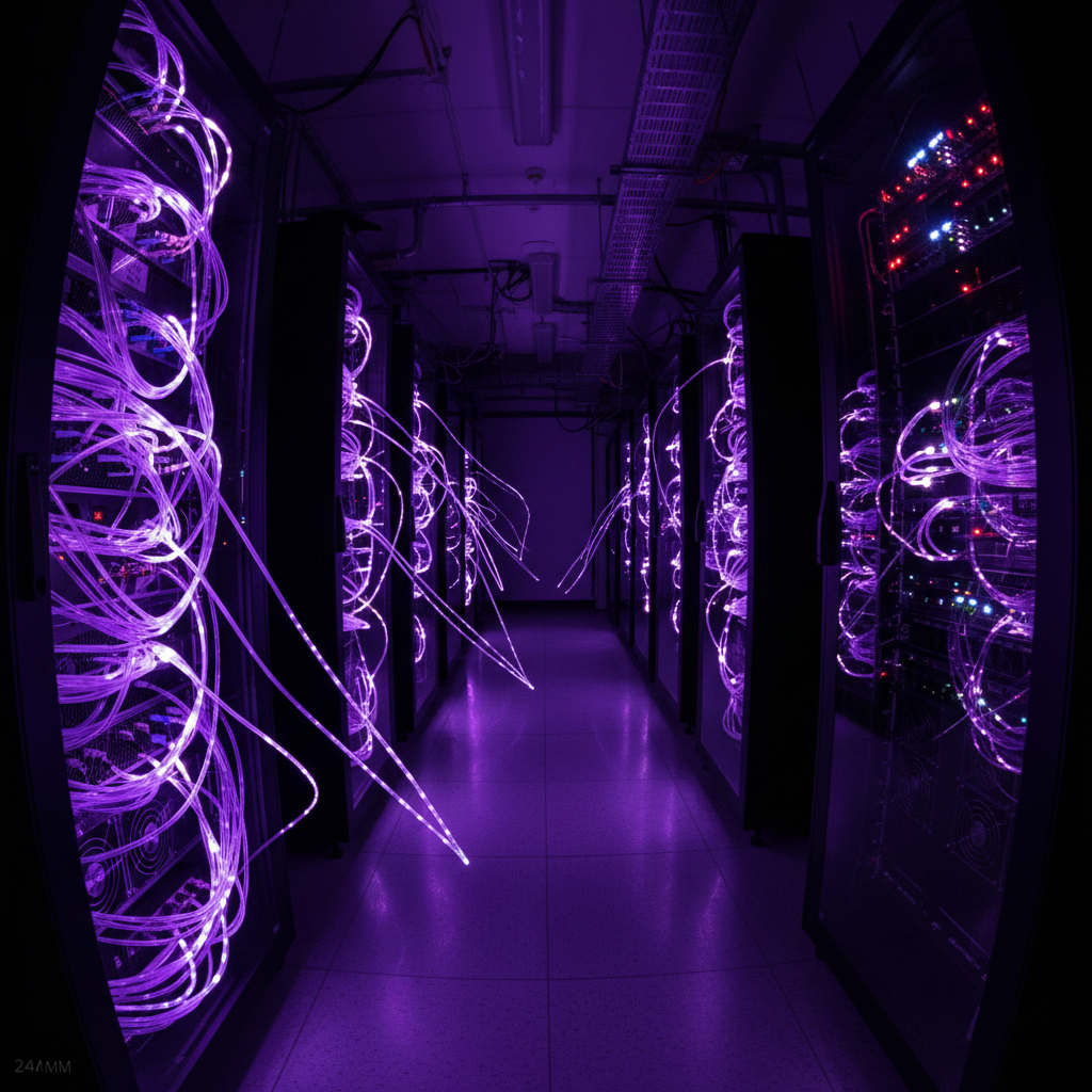Fiber optic cables in server room, glowing violet light through dark infrastructure