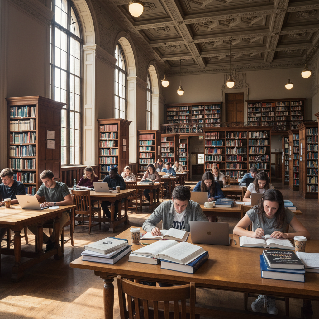 University library interior with tall shelves of books and students studying at tables
