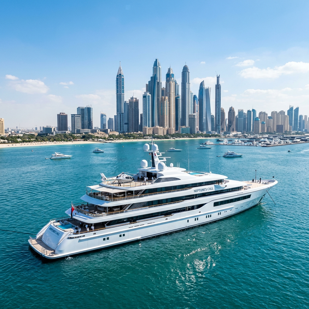 Massive white superyacht Neptune's Call anchored near Dubai coastline