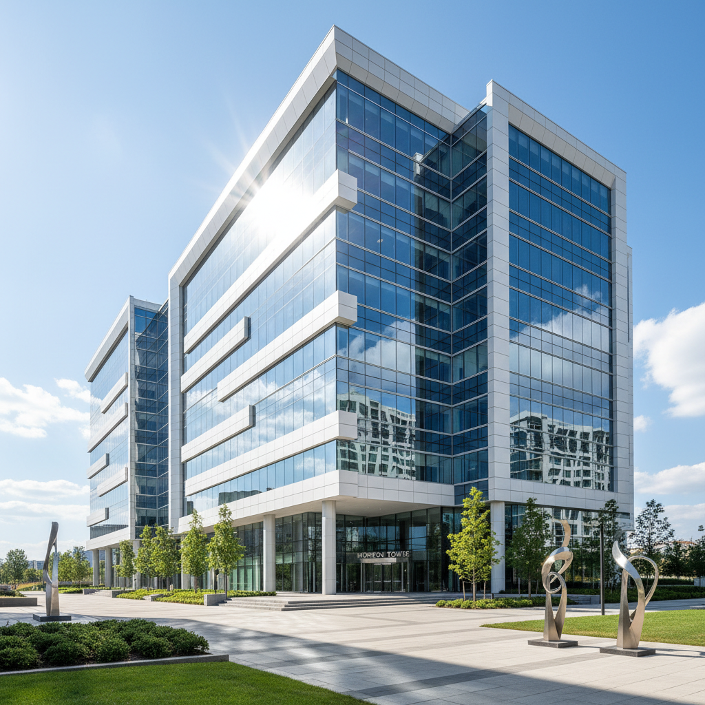 Modern commercial office building exterior with clean glass facade in bright daylight, professional corporate environment