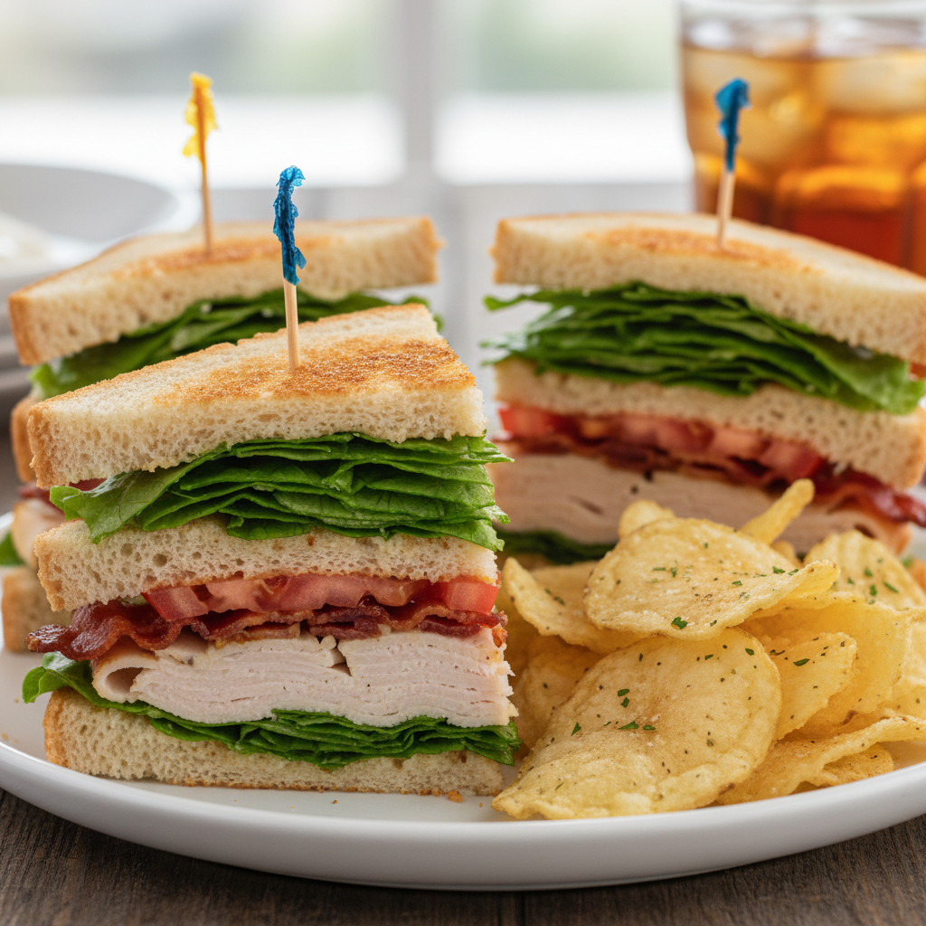 Classic triple-decker club sandwich cut into triangles with chips on the side