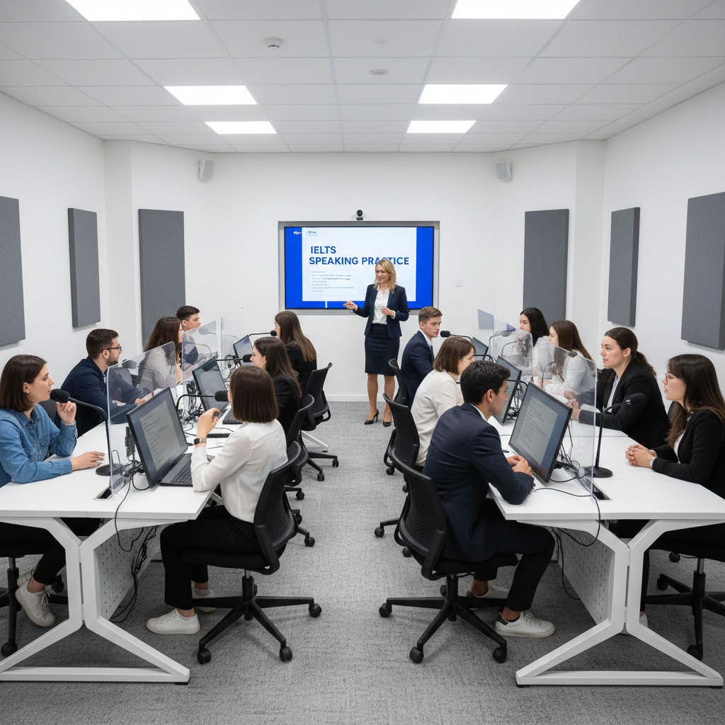 Students practicing IELTS speaking test with certified instructor in modern language lab