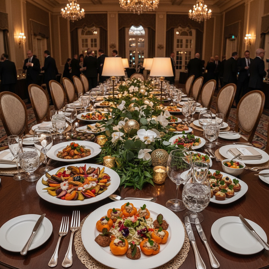 Elegant corporate gala table setting with plant-based catering