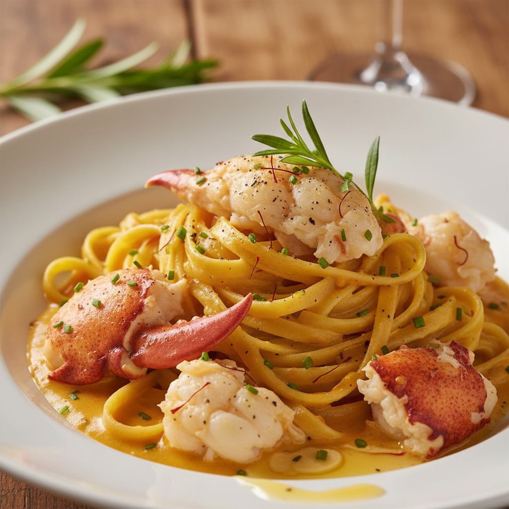 Butter-poached Maine lobster tail with saffron sauce