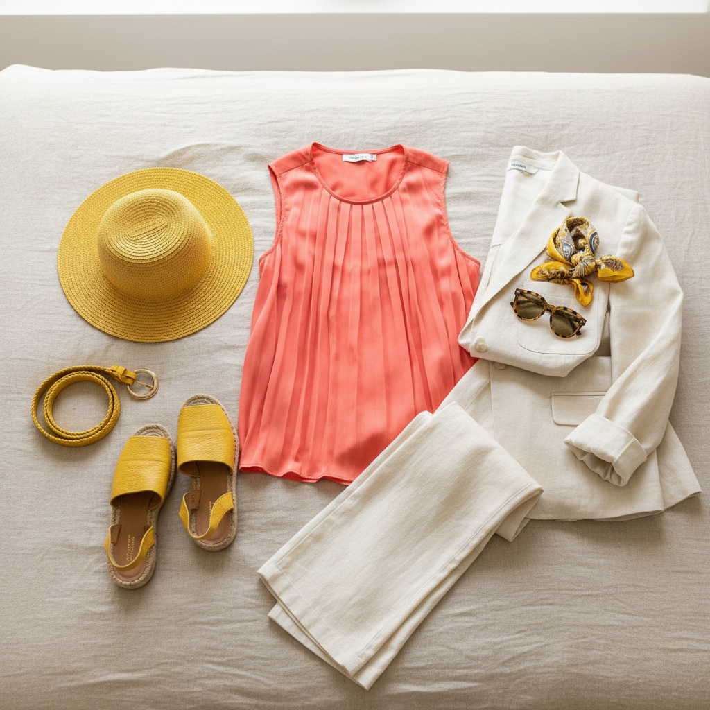 Bright spring wardrobe flat lay — coral top, yellow accessories, warm white linen pieces