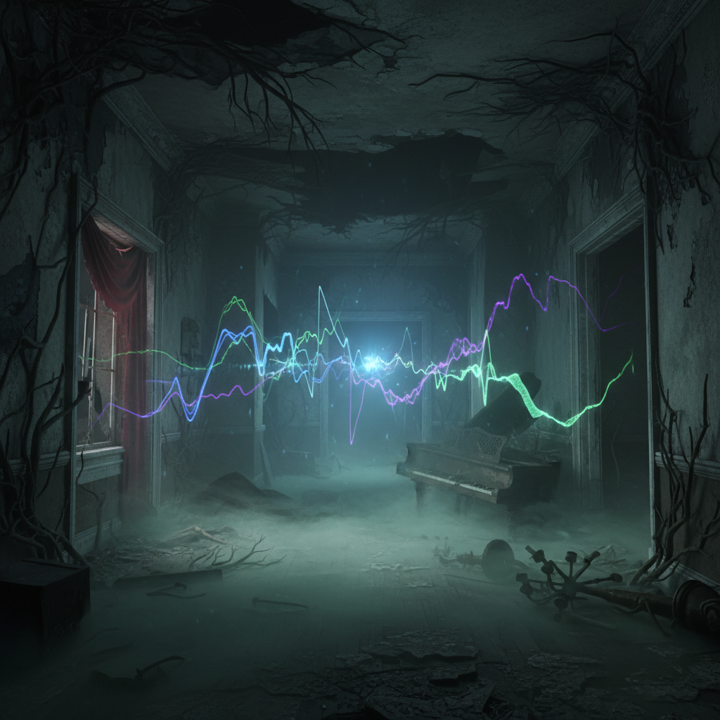 Dark horror game environment with eerie sound visualizations and atmospheric fog