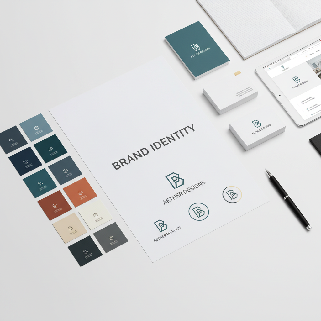 Bright studio desk with brand design mockups, color swatches, and logo variations printed on white paper in natural light