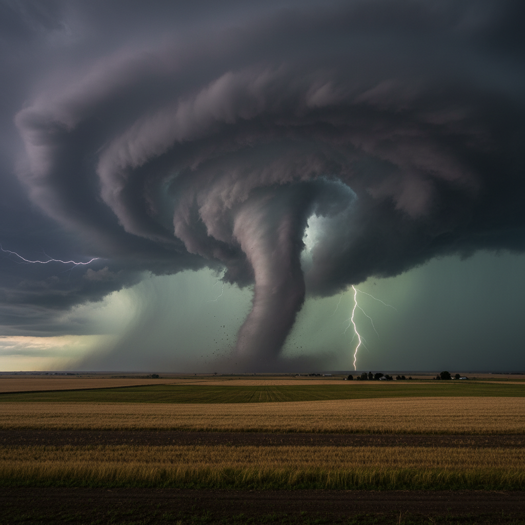 Dramatic tornado forming over flat American plains with dark storm clouds