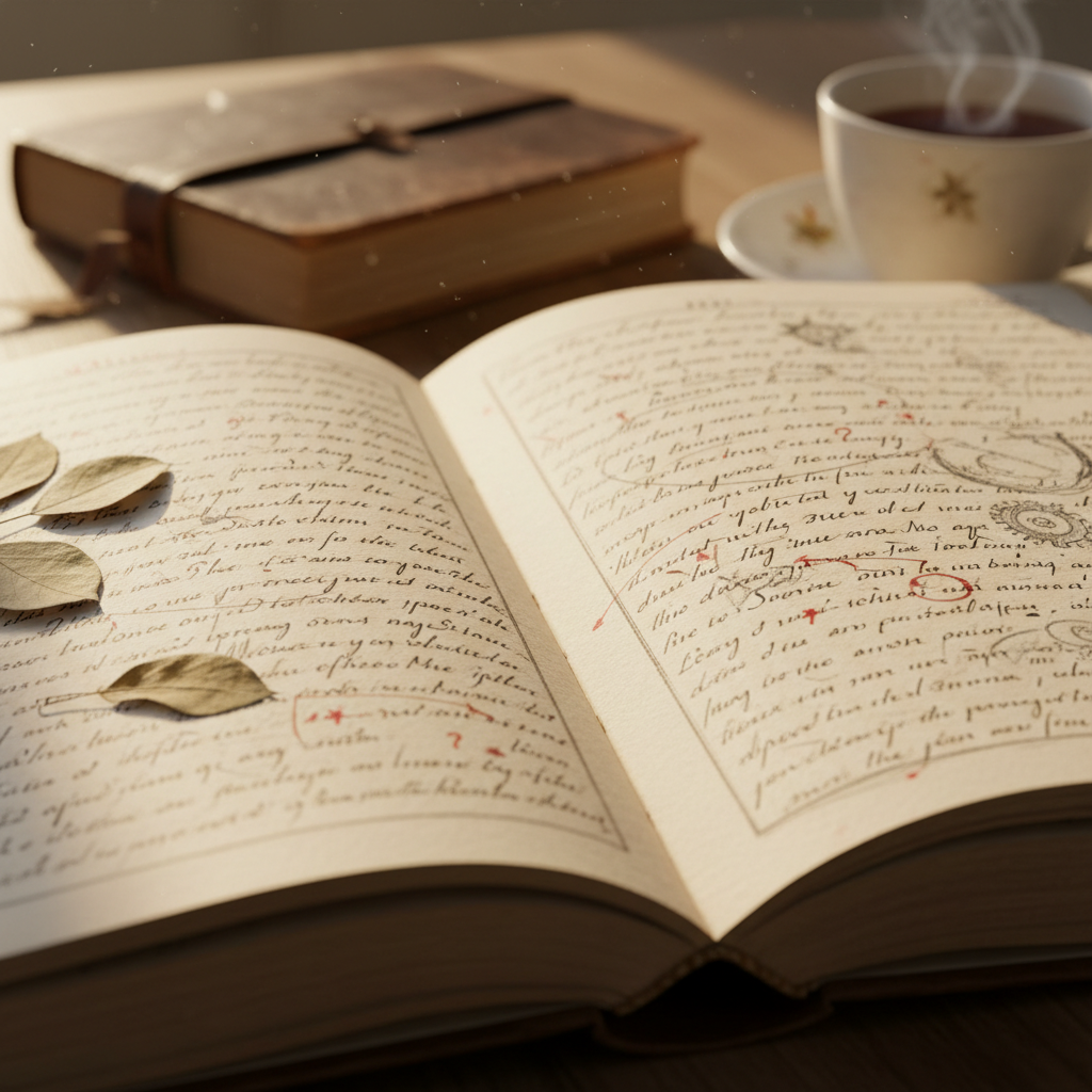 Elegant poetry book with handwritten calligraphy on warm cream paper, soft light