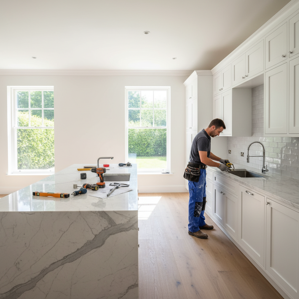 Remodeling contractor installing new kitchen cabinets in a residential renovation