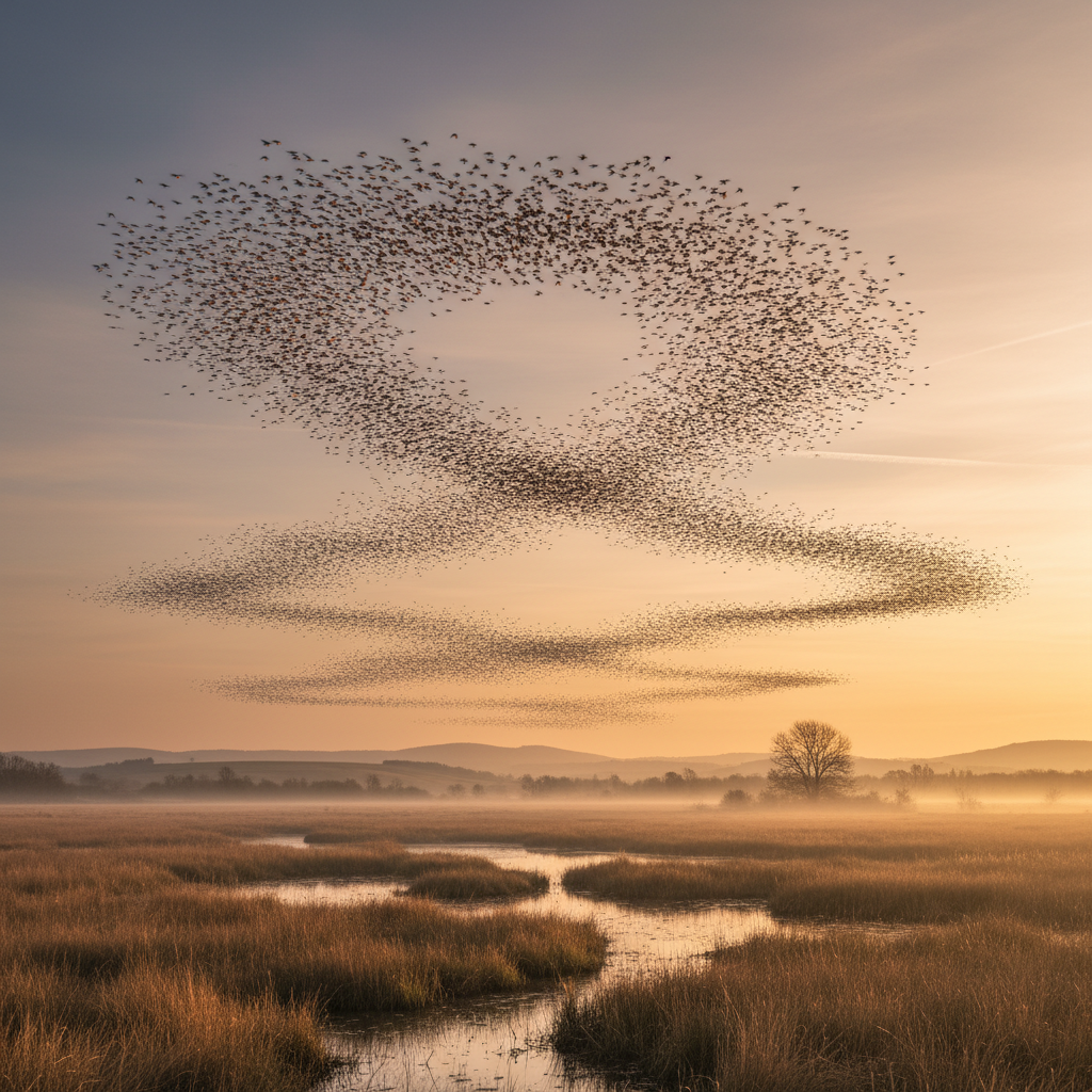Murmuration of starlings bending like smoke over a Somerset marsh at golden hour