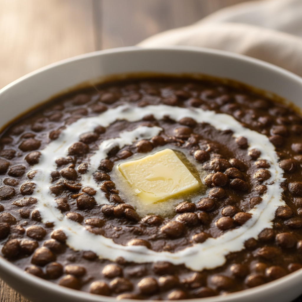 Dal Makhni in black ceramic bowl, rich brown gravy, dim candlelit restaurant setting