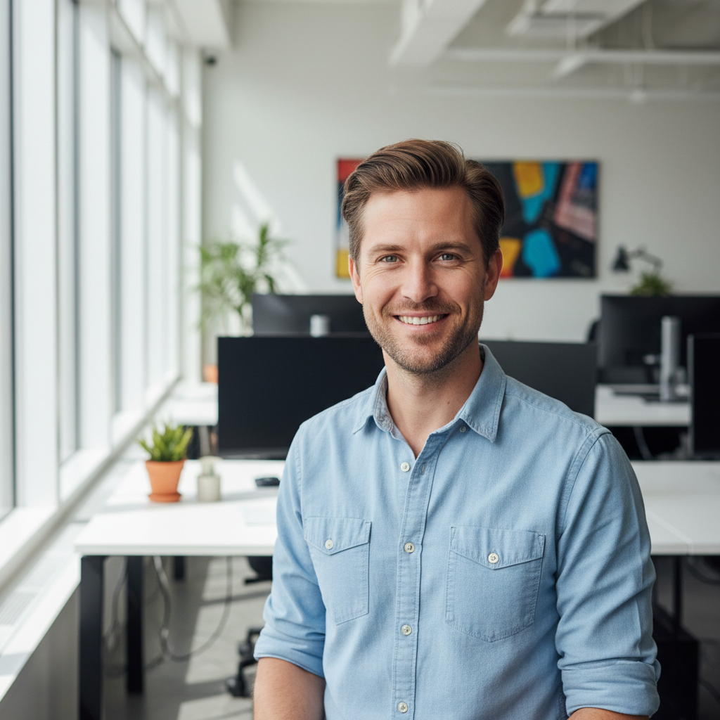 Professional male engineer in casual shirt smiling in modern tech office environment