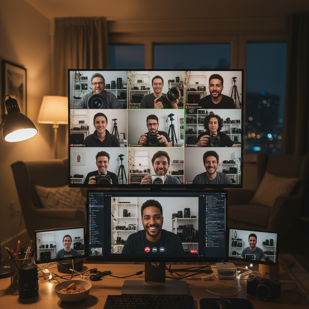 Virtual meetup screenshot showing eight photographers on a video call, warm and informal atmosphere
